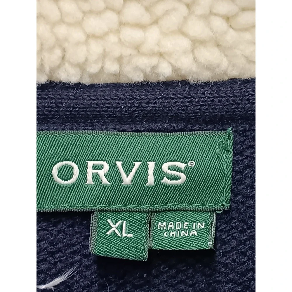 Orvis‎ Men's XL Navy Blue Lambswool Quarter Zip Sweater Leather Shearling Collar